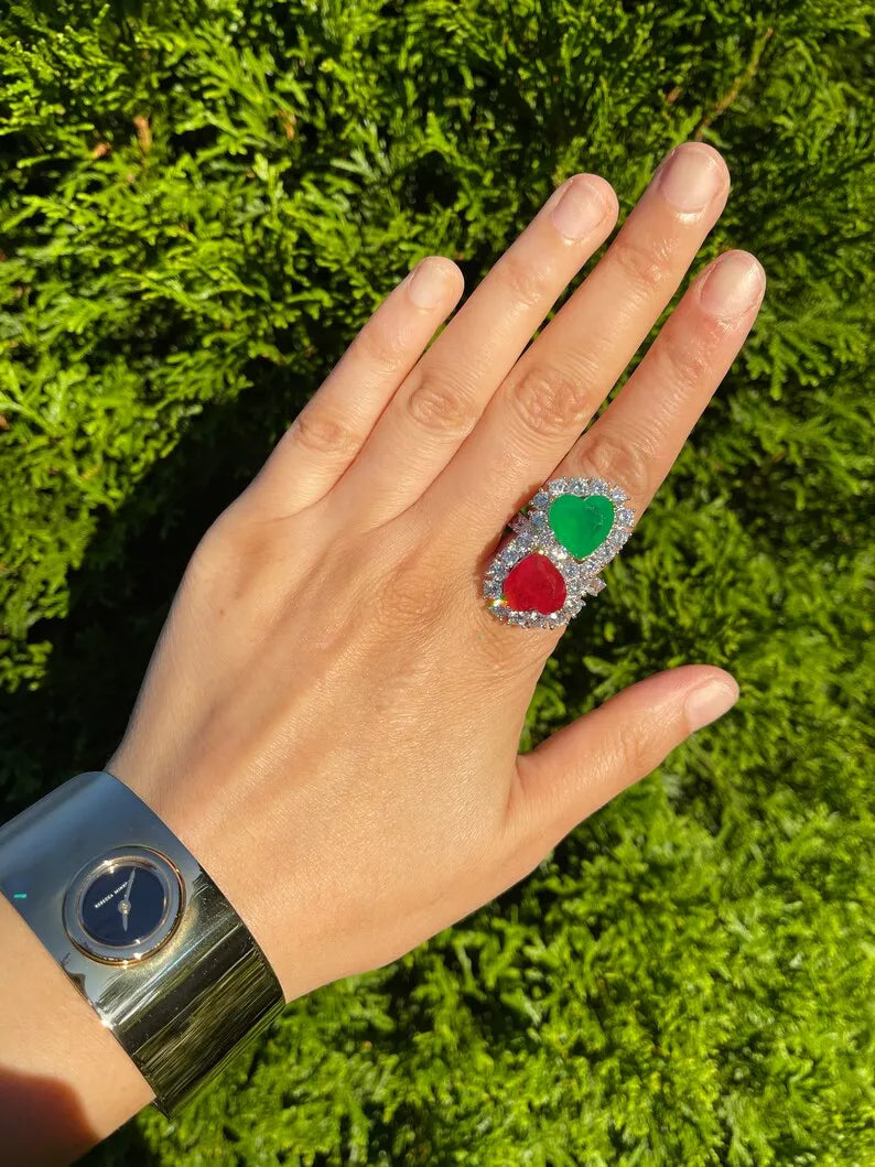 Mother & Daughter, Double Heart, Ruby and Emerald Ring, July and May Birthstones, Luxury Edition, Handcrafted Masterpiece, Gift for Her