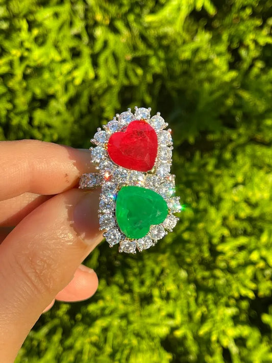 Mother & Daughter, Double Heart, Ruby and Emerald Ring, July and May Birthstones, Luxury Edition, Handcrafted Masterpiece, Gift for Her