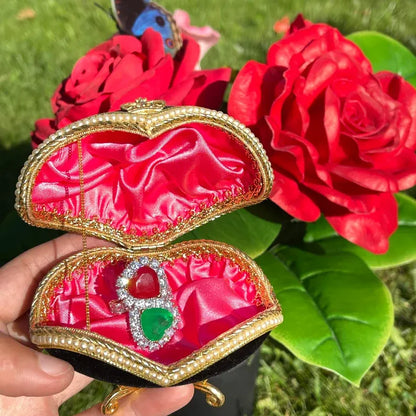 Breathtaking Mother & Daughter, Double Heart, Ruby Emerald and Diamond Ring, July and May Birthstones, Handcrafted Piece, Gift for Her