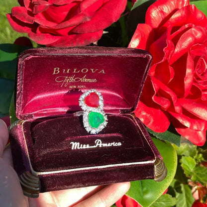 Mesmerizing Fabulous Magnificent Mother & Daughter, Double Heart, Ruby and Emerald Ring, July and May Birthstones, Luxury Gift for Her