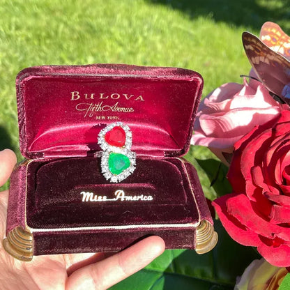 Mesmerizing Fabulous Magnificent Mother & Daughter, Double Heart, Ruby and Emerald Ring, July and May Birthstones, Luxury Gift for Her