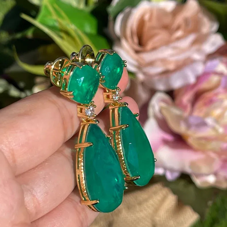 Exotic 100% Genuine Zambian Emerald Dangle & Drop Earrings Jewelry 45mm long, 18K Yellow Gold Vermeil