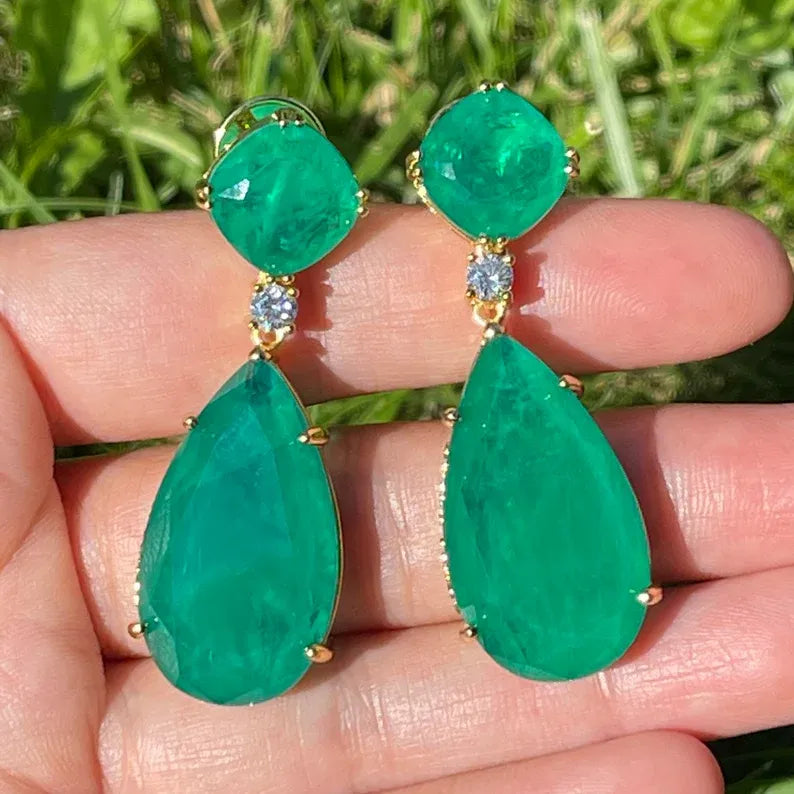 Exotic 100% Genuine Zambian Emerald Dangle & Drop Earrings Jewelry 45mm long, 18K Yellow Gold Vermeil