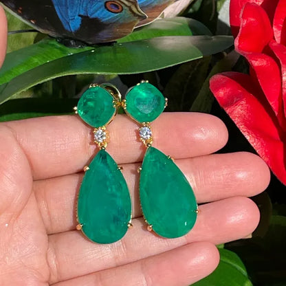 Exotic 100% Genuine Zambian Emerald Dangle & Drop Earrings Jewelry 45mm long, 18K Yellow Gold Vermeil