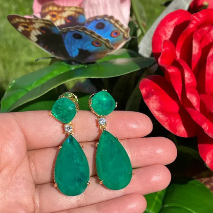 Exotic 100% Genuine Zambian Emerald Dangle & Drop Earrings Jewelry 45mm long, 18K Yellow Gold Vermeil