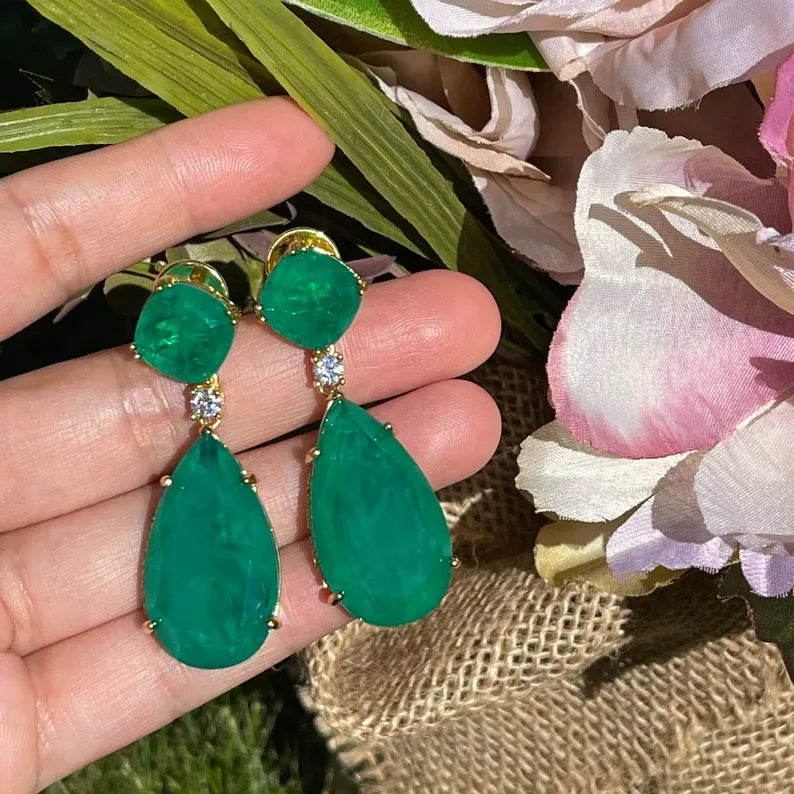 Exotic 100% Genuine Zambian Emerald Dangle & Drop Earrings Jewelry 45mm long, 18K Yellow Gold Vermeil