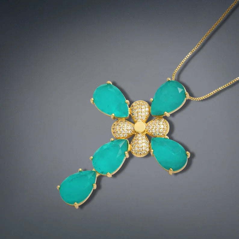 Queen of Gems, Ocean Blue, Paraiba Tourmaline and Diamond Cross Necklace, Luxury Cross Pendant, Large Cross Statement Necklace, Gift for Her