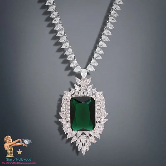 Imperial Elegance, Emerald and Diamond Charm Crystal Necklace, Emerald Collar, Luxury Necklace, 925 Sterling Silver Necklace