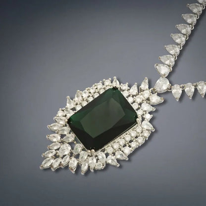 Imperial Elegance, Emerald and Diamond Charm Crystal Necklace, Emerald Collar, Luxury Necklace, 925 Sterling Silver Necklace