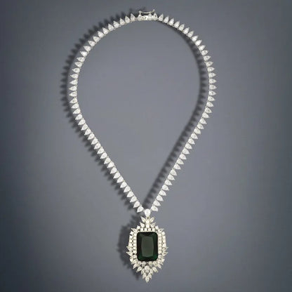 Imperial Elegance, Emerald and Diamond Charm Crystal Necklace, Emerald Collar, Luxury Necklace, 925 Sterling Silver Necklace