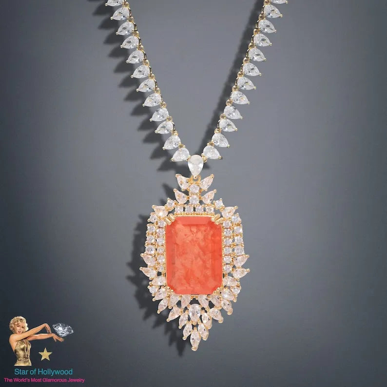 Magnificent Natural Orange Spessartite Garnet Necklace, with Austrian Crystals, Crafted in 18K Yellow Gold Vermeil, Glamorous Marvellous