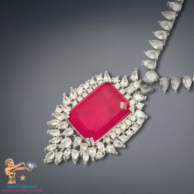 Mesmerizing Natural Hot Pink Mozambique Ruby Necklace, with Austrian Crystals, Crafted in 925 Sterling Silver, Glorious Necklace