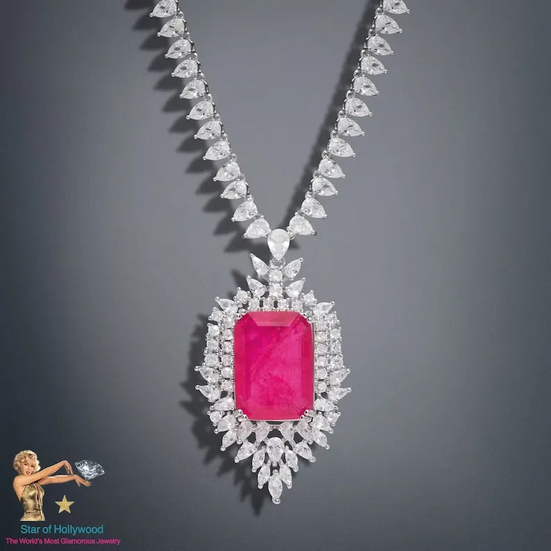 Mesmerizing Natural Hot Pink Mozambique Ruby Necklace, with Austrian Crystals, Crafted in 925 Sterling Silver, Glorious Necklace