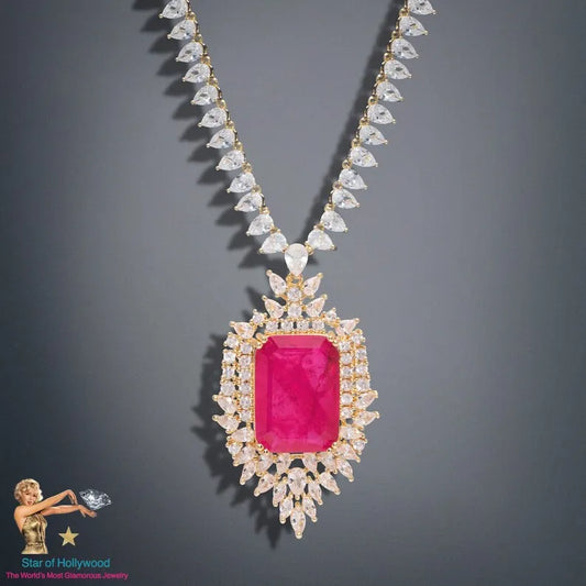 Regal Collection, Imperial Elegance Natural Fuchsia Pink Ruby Necklace Mozambique Ruby Charm Ruby Collar, Crafted in 18K Yellow Gold Vermeil