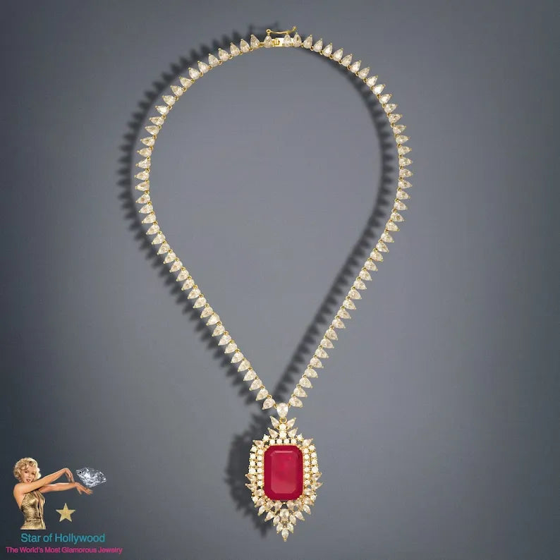 Regal Collection, Imperial Elegance Natural Fuchsia Pink Ruby Necklace Mozambique Ruby Charm Ruby Collar, Crafted in 18K Yellow Gold Vermeil