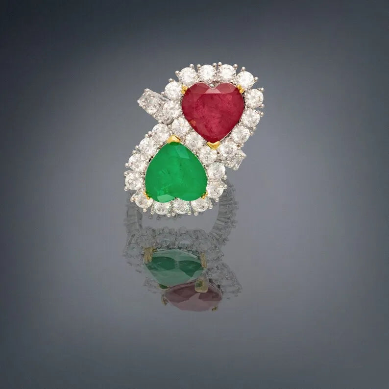 Mother and Daughter Ruby and Emerald Double Heart Magnificent Handcrafted Masterpiece from Hollywood Collection, 925 Sterling Silver, Gift