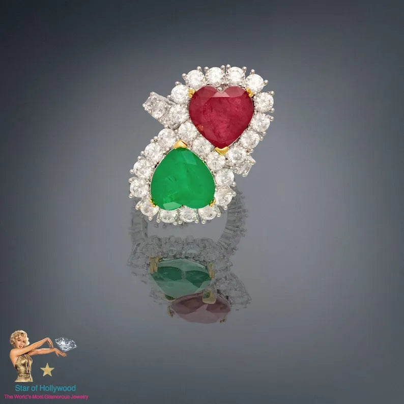 Mother and Daughter Ruby and Emerald Double Heart Magnificent Handcrafted Masterpiece from Hollywood Collection, 925 Sterling Silver, Gift