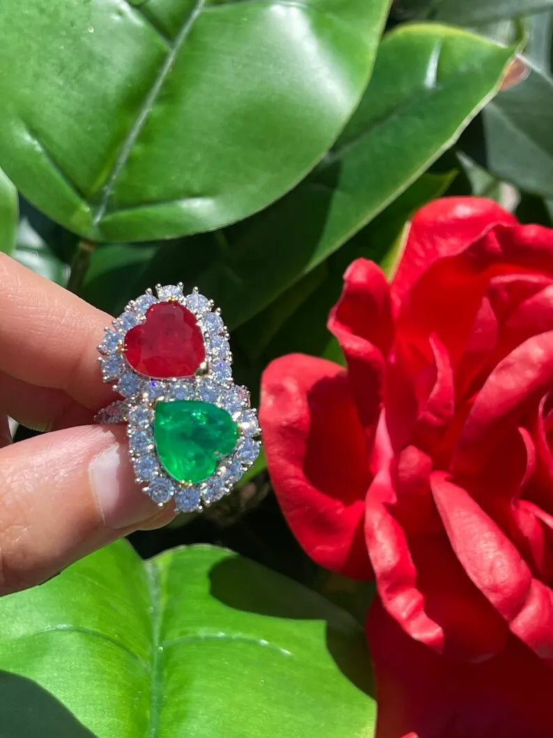 Mother and Daughter Ruby and Emerald Double Heart Magnificent Handcrafted Masterpiece from Hollywood Collection, 925 Sterling Silver, Gift