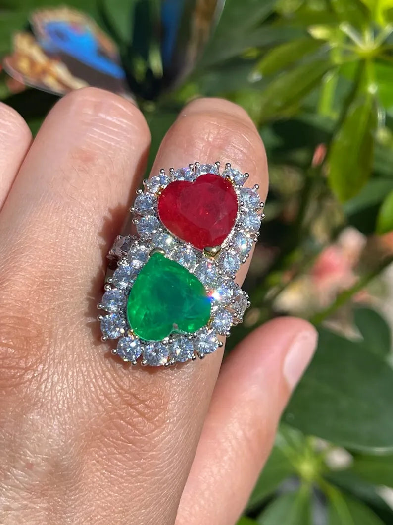 Mother and Daughter Ruby and Emerald Double Heart Magnificent Handcrafted Masterpiece from Hollywood Collection, 925 Sterling Silver, Gift