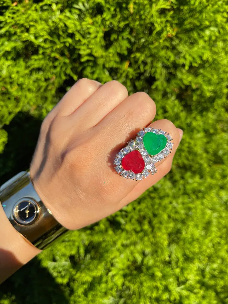 Mother & Daughter, Double Heart, Ruby and Emerald Ring, July and May Birthstones, Luxury Edition, Handcrafted Masterpiece, Gift for Her