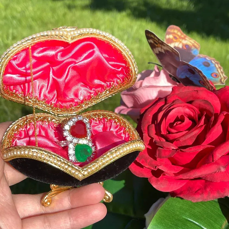 Breathtaking Mother & Daughter, Double Heart, Ruby Emerald and Diamond Ring, July and May Birthstones, Handcrafted Piece, Gift for Her