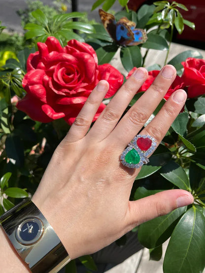 Breathtaking Mother & Daughter, Double Heart, Ruby Emerald and Diamond Ring, July and May Birthstones, Handcrafted Piece, Gift for Her