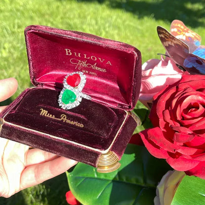 Mesmerizing Fabulous Magnificent Mother & Daughter, Double Heart, Ruby and Emerald Ring, July and May Birthstones, Luxury Gift for Her