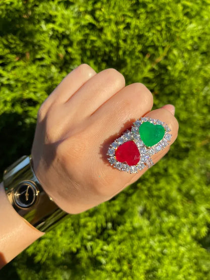 Mesmerizing Fabulous Magnificent Mother & Daughter, Double Heart, Ruby and Emerald Ring, July and May Birthstones, Luxury Gift for Her