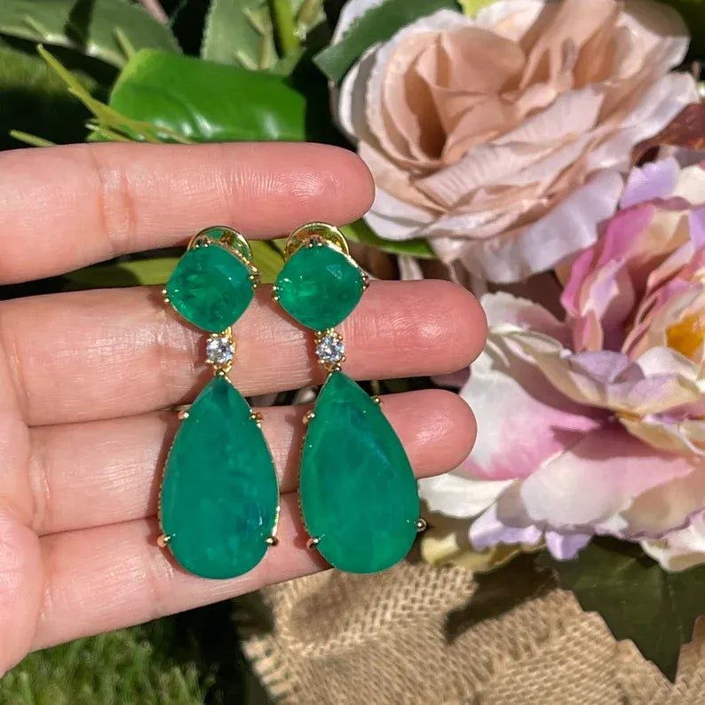 Exotic 100% Genuine Zambian Emerald Dangle & Drop Earrings Jewelry 45mm long, 18K Yellow Gold Vermeil