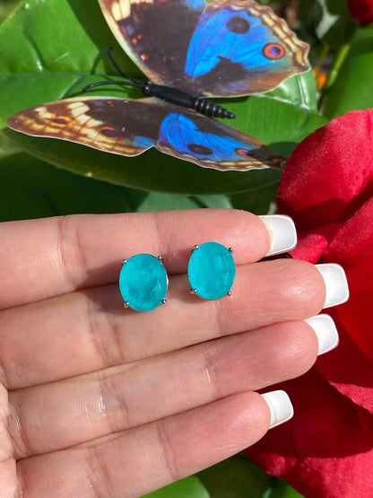 Vibrant Neon Ice Blue Paraiba Tourmaline Oval Stud Earrings, Gift for Her, Birthday, Valentines, Star of Hollywood