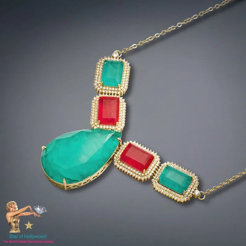 Miraculous Design, Natural Mozambique Pink Ruby, with Colombian Emeralds and Diamonds, 18K Yellow Gold Vermeil