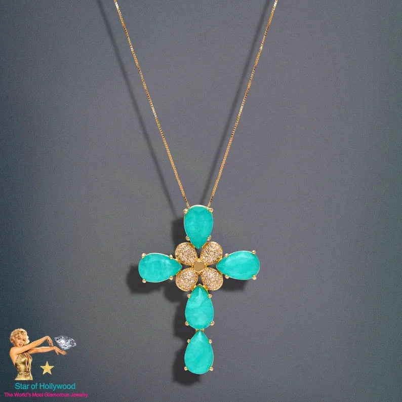 Queen of Gems, Ocean Blue, Paraiba Tourmaline and Diamond Cross Necklace, Luxury Cross Pendant, Large Cross Statement Necklace, Gift for Her