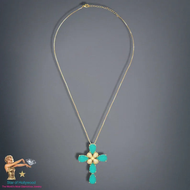 Queen of Gems, Ocean Blue, Paraiba Tourmaline and Diamond Cross Necklace, Luxury Cross Pendant, Large Cross Statement Necklace, Gift for Her