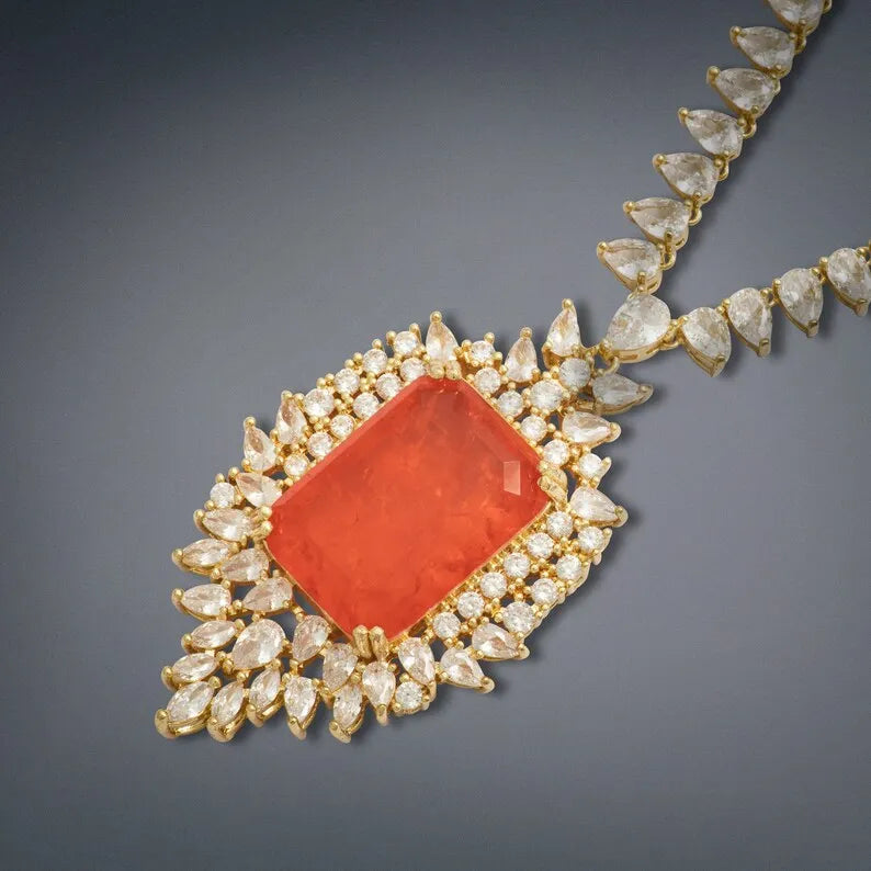 Magnificent Natural Orange Spessartite Garnet Necklace, with Austrian Crystals, Crafted in 18K Yellow Gold Vermeil, Glamorous Marvellous