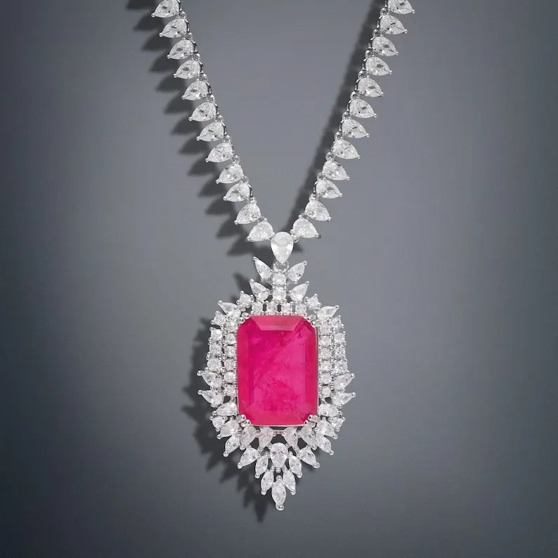 Mesmerizing Natural Hot Pink Mozambique Ruby Necklace, with Austrian Crystals, Crafted in 925 Sterling Silver, Glorious Necklace