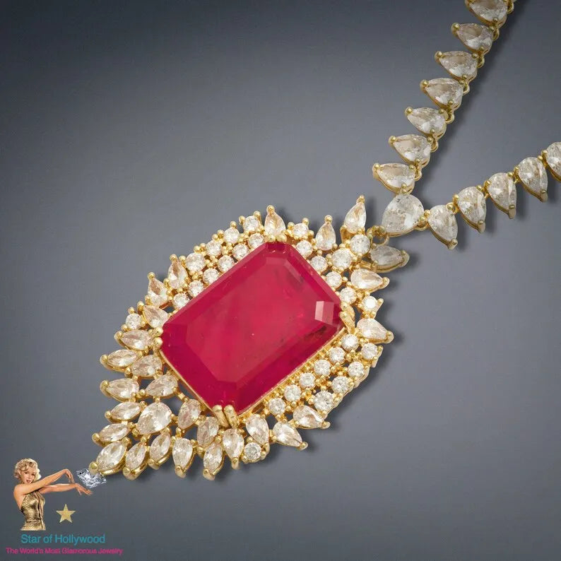 Regal Collection, Imperial Elegance Natural Fuchsia Pink Ruby Necklace Mozambique Ruby Charm Ruby Collar, Crafted in 18K Yellow Gold Vermeil