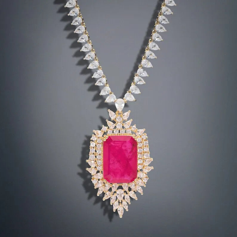 Regal Collection, Imperial Elegance Natural Fuchsia Pink Ruby Necklace Mozambique Ruby Charm Ruby Collar, Crafted in 18K Yellow Gold Vermeil