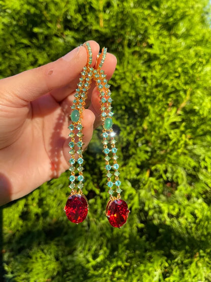 Star of Hollywood Luxurious Natural Pink Ruby & Emerald Jade Dangle Drop Earrings Imperial Elegance Super Long 4 inches