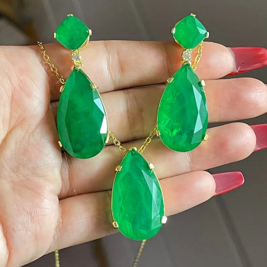 Forest Green 100% Genuine Zambian Emerald Dangle & Drop Earrings + Necklace Jewelry Set 45mm long 18K Yellow Gold Over