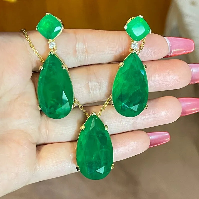 Forest Green 100% Genuine Zambian Emerald Dangle & Drop Earrings + Necklace Jewelry Set 45mm long 18K Yellow Gold Over