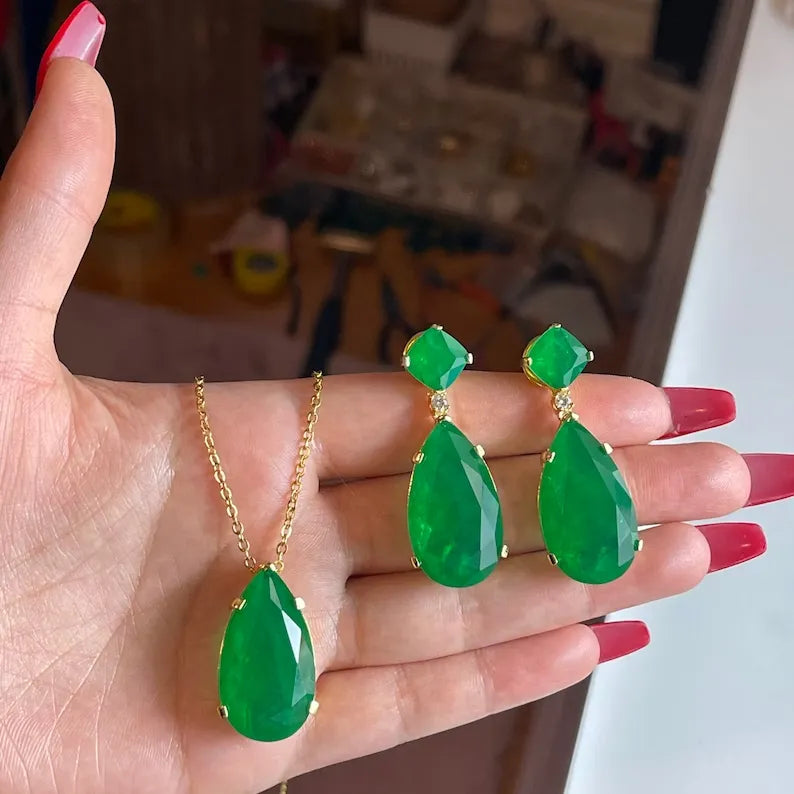 Forest Green 100% Genuine Zambian Emerald Dangle & Drop Earrings + Necklace Jewelry Set 45mm long 18K Yellow Gold Over