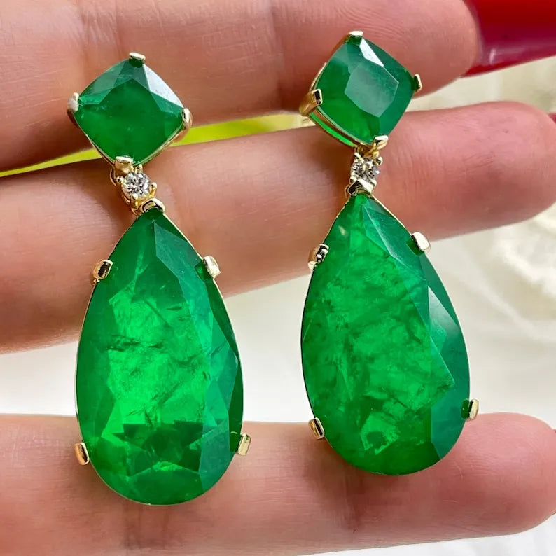 Forest Green 100% Genuine Zambian Emerald Dangle & Drop Earrings + Necklace Jewelry Set 45mm long 18K Yellow Gold Over