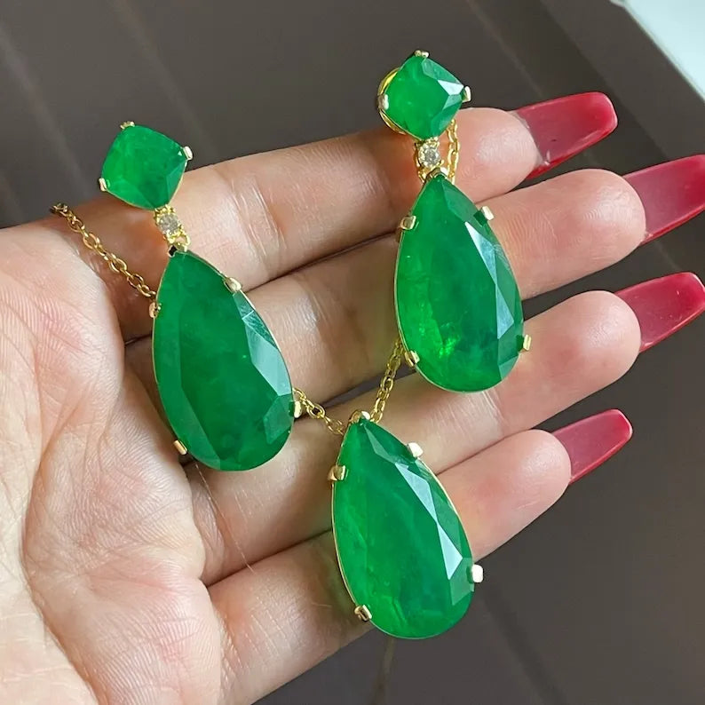 Forest Green 100% Genuine Zambian Emerald Dangle & Drop Earrings + Necklace Jewelry Set 45mm long 18K Yellow Gold Over