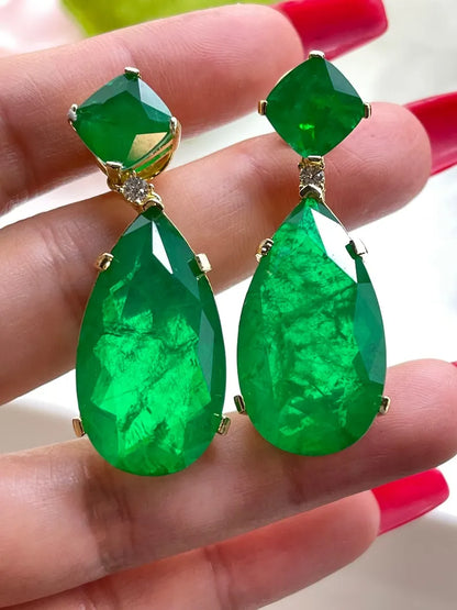 Forest Green 100% Genuine Zambian Emerald Dangle & Drop Earrings + Necklace Jewelry Set 45mm long 18K Yellow Gold Over