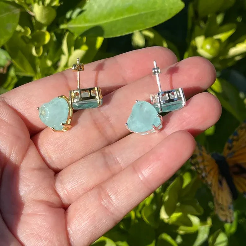 Stunning Aquamarine Heart Stud Earrings, Large Studs, Aquamarine March Birthstone, Dainty Earrings, Available in Gold and Sterling Silver