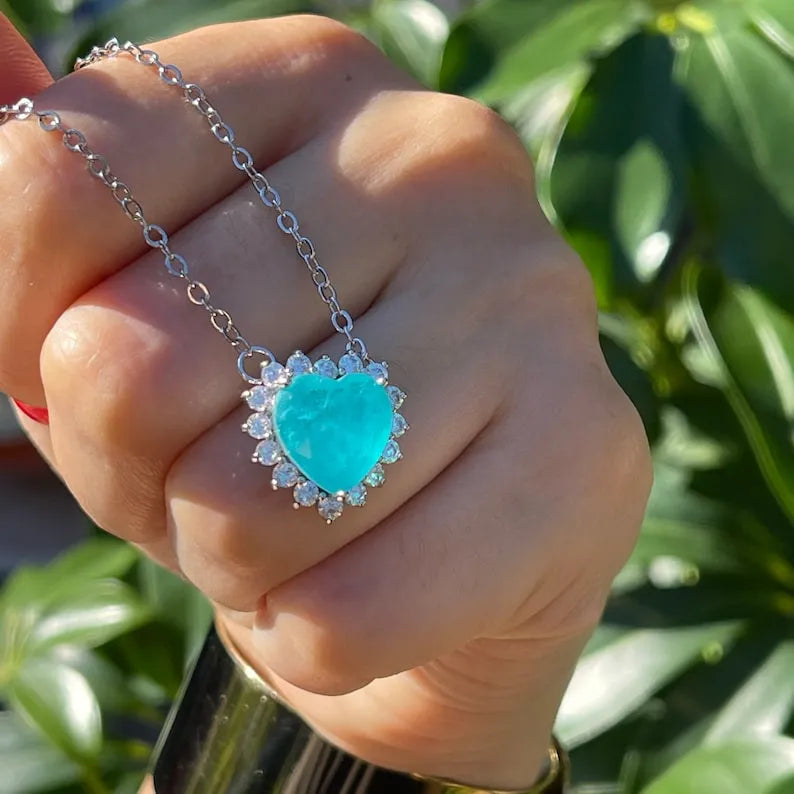 Bohemian Sweet Little Heart Shape Blue Paraiba Tourmaline Halo Diamond Necklace Pendant 925 Sterling Silver