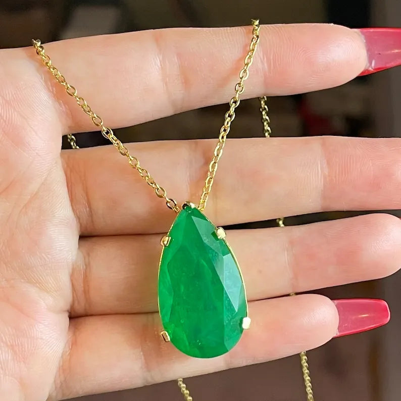 Forest Green 100% Genuine Zambian Emerald Dangle & Drop Earrings + Necklace Jewelry Set 45mm long 18K Yellow Gold Over