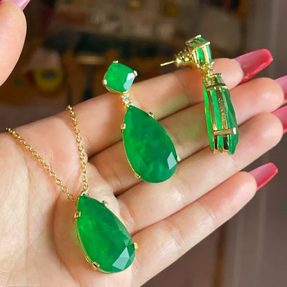 Forest Green 100% Genuine Zambian Emerald Dangle & Drop Earrings + Necklace Jewelry Set 45mm long 18K Yellow Gold Over