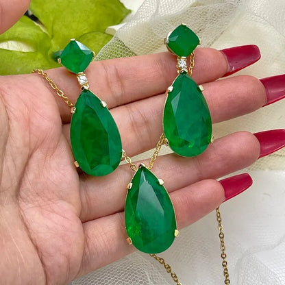 Elegant Genuine Zambian Emerald Dangle & Drop Earrings + Matching Necklace Jewelry Set, 45mm long Earrings, Pendant, 18K Yellow Gold Vermeil