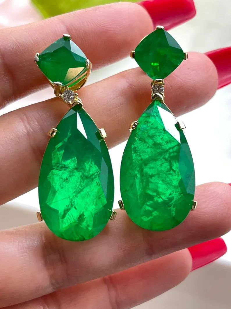 Angelina Jolie Inspired, Celebrity Hollywood Star, 100% Natural Vibrant Green Emerald Earrings, 18K Yellow Gold Vermeil, Emerald Jewels